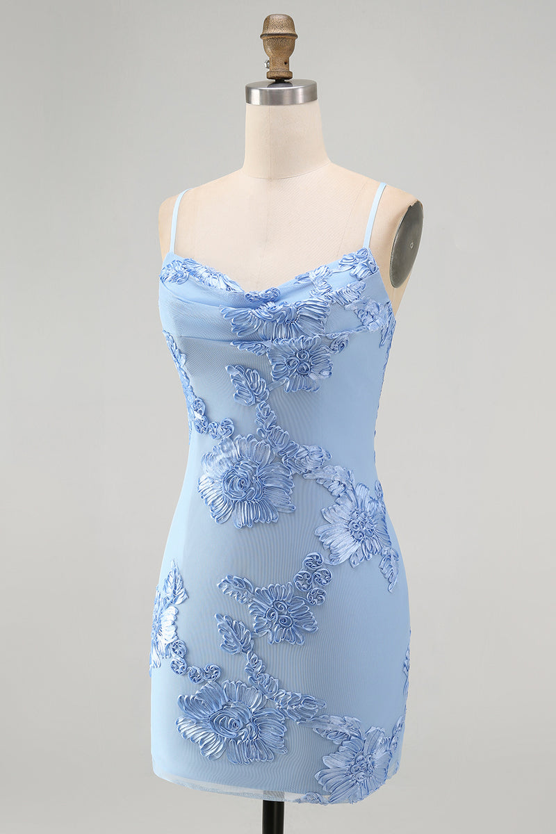 Load image into Gallery viewer, Pink Tight Cowl Neck Floral Short Cocktail Dress