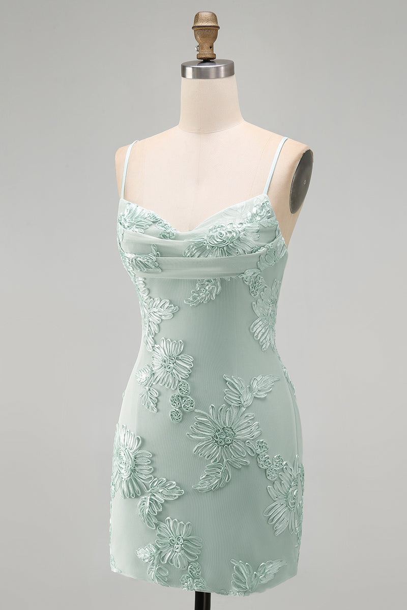 Load image into Gallery viewer, Pink Tight Cowl Neck Floral Short Cocktail Dress