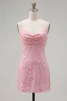 Load image into Gallery viewer, Pink Tight Cowl Neck Floral Short Cocktail Dress