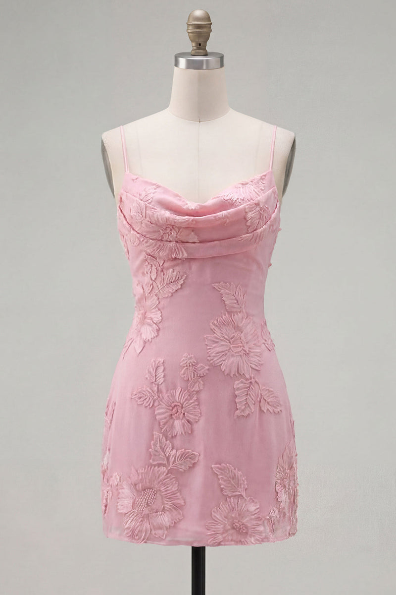 Load image into Gallery viewer, Pink Tight Cowl Neck Floral Short Cocktail Dress