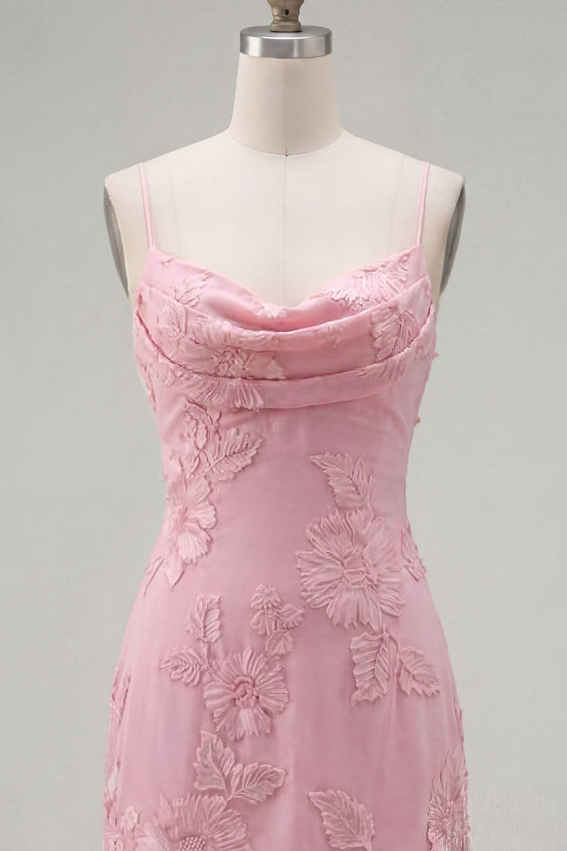 Load image into Gallery viewer, Pink Tight Cowl Neck Floral Short Cocktail Dress