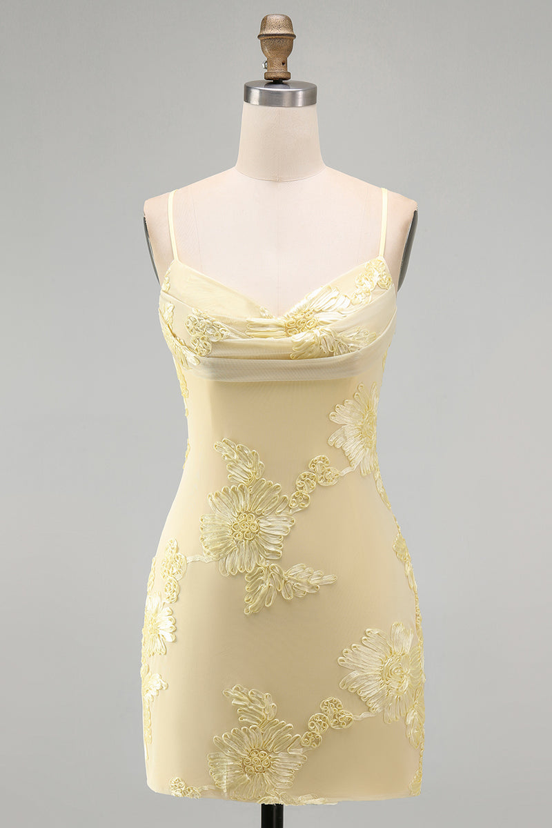 Load image into Gallery viewer, Pink Tight Cowl Neck Floral Short Cocktail Dress