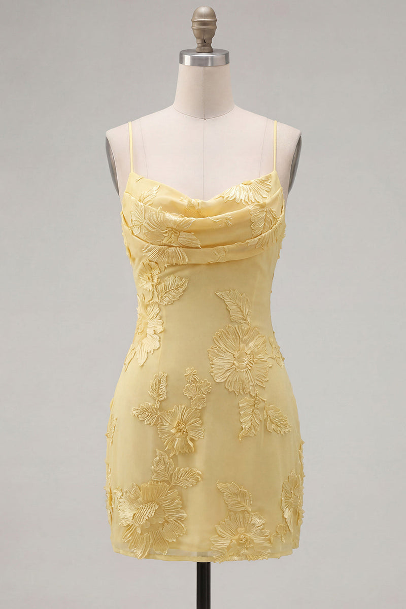 Load image into Gallery viewer, Pink Tight Cowl Neck Floral Short Cocktail Dress