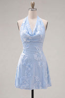 Load image into Gallery viewer, Blue A-Line Floral Halter Short Cocktail Dress with Bow
