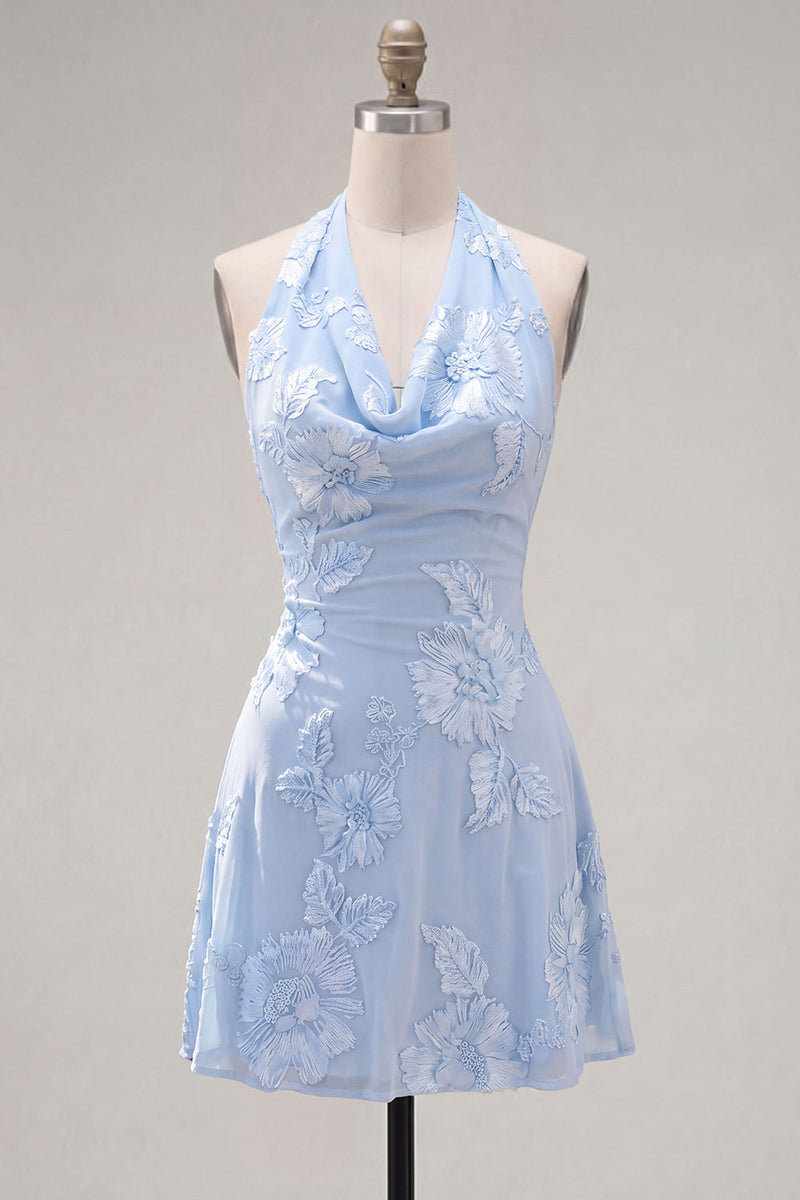 Load image into Gallery viewer, Blue A-Line Floral Halter Short Cocktail Dress with Bow
