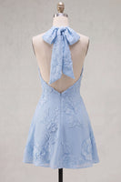 Load image into Gallery viewer, Blue A-Line Floral Halter Short Cocktail Dress with Bow