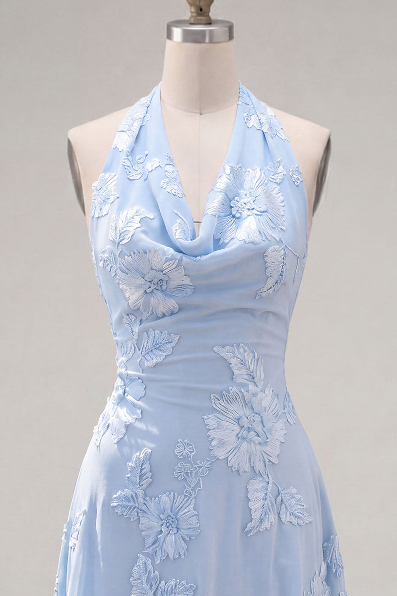 Load image into Gallery viewer, Blue A-Line Floral Halter Short Cocktail Dress with Bow