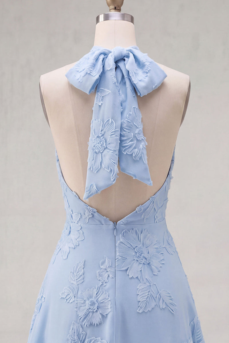 Load image into Gallery viewer, Blue A-Line Floral Halter Short Cocktail Dress with Bow