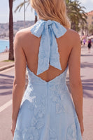 Load image into Gallery viewer, Blue A-Line Floral Halter Short Cocktail Dress with Bow