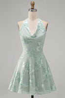 Load image into Gallery viewer, Blue A-Line Floral Halter Short Cocktail Dress with Bow
