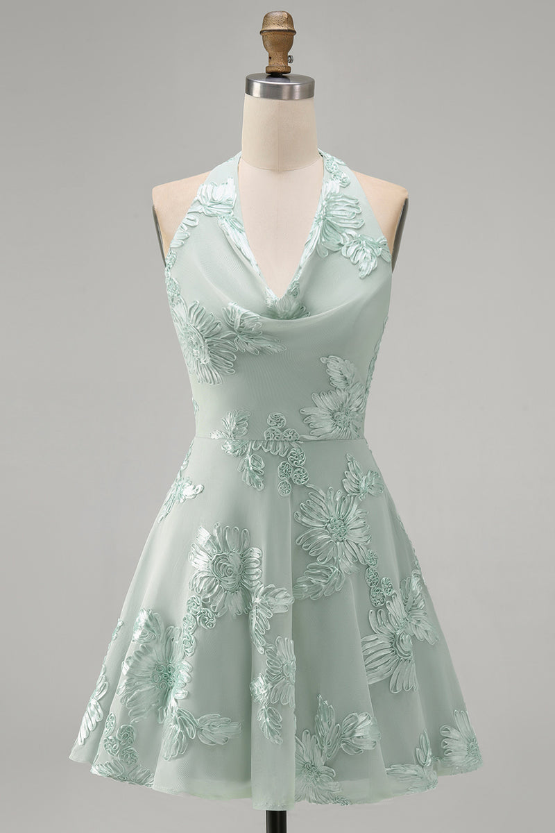 Load image into Gallery viewer, Blue A-Line Floral Halter Short Cocktail Dress with Bow