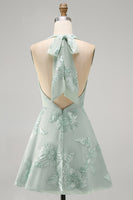 Load image into Gallery viewer, Blue A-Line Floral Halter Short Cocktail Dress with Bow