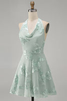 Load image into Gallery viewer, Blue A-Line Floral Halter Short Cocktail Dress with Bow