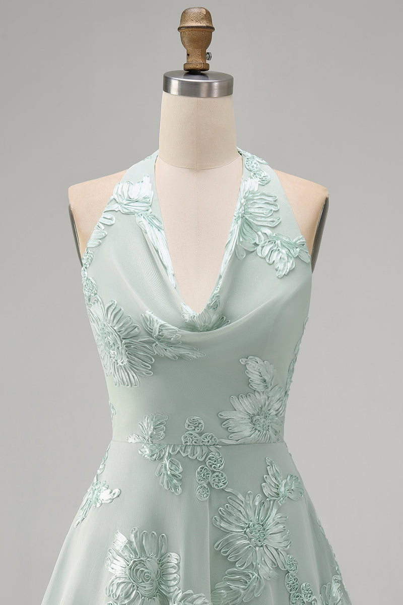 Load image into Gallery viewer, Blue A-Line Floral Halter Short Cocktail Dress with Bow