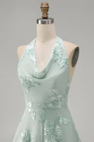 Load image into Gallery viewer, Blue A-Line Floral Halter Short Cocktail Dress with Bow