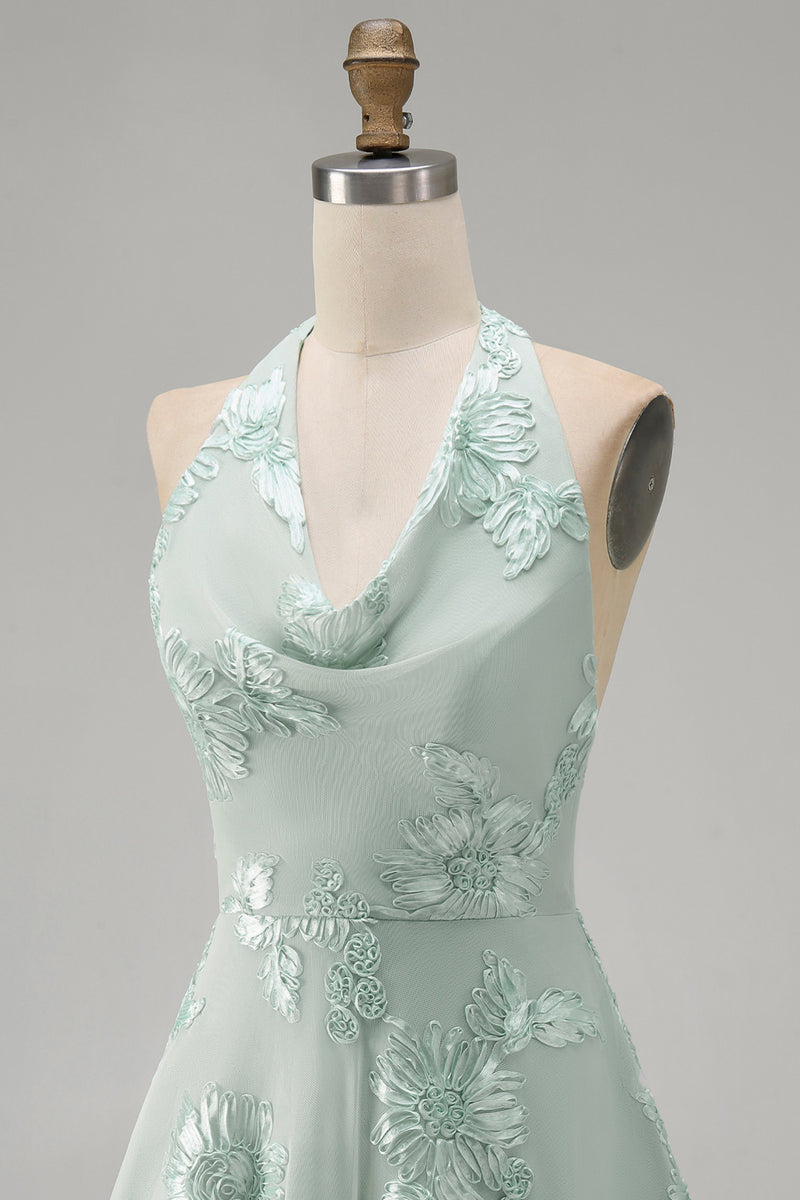 Load image into Gallery viewer, Blue A-Line Floral Halter Short Cocktail Dress with Bow