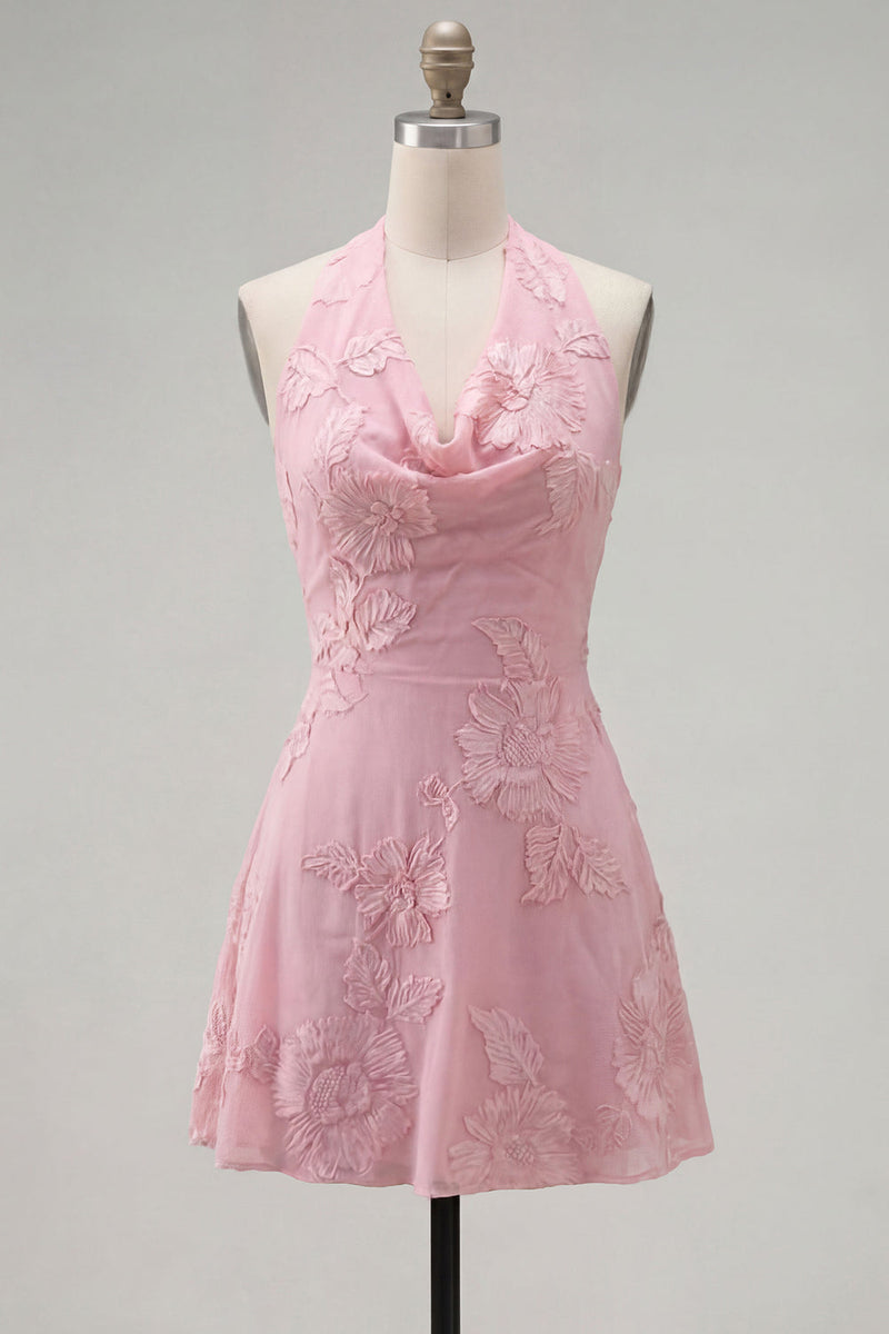 Load image into Gallery viewer, Blue A-Line Floral Halter Short Cocktail Dress with Bow
