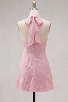 Load image into Gallery viewer, Blue A-Line Floral Halter Short Cocktail Dress with Bow