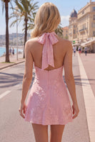 Load image into Gallery viewer, Blue A-Line Floral Halter Short Cocktail Dress with Bow