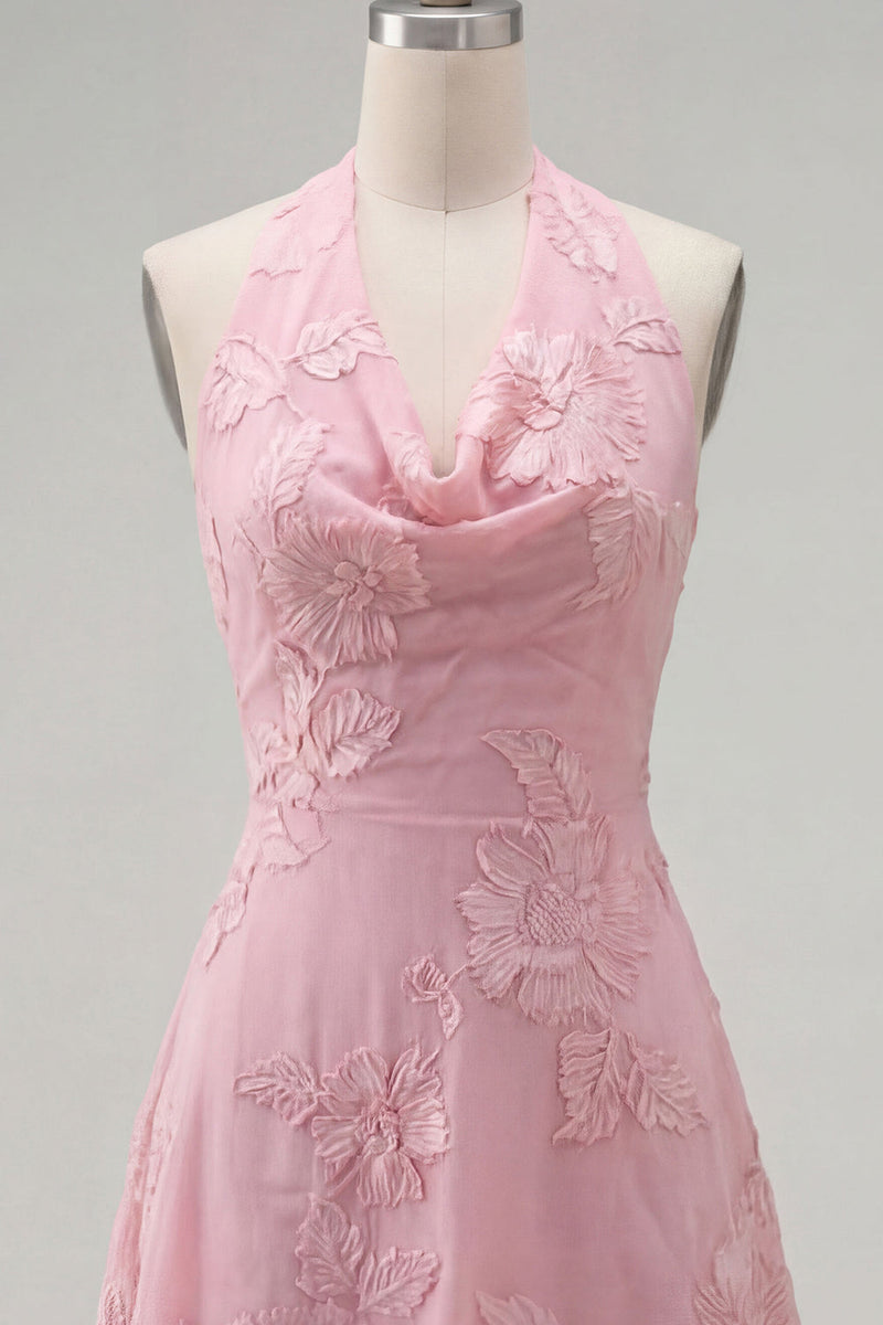 Load image into Gallery viewer, Blue A-Line Floral Halter Short Cocktail Dress with Bow