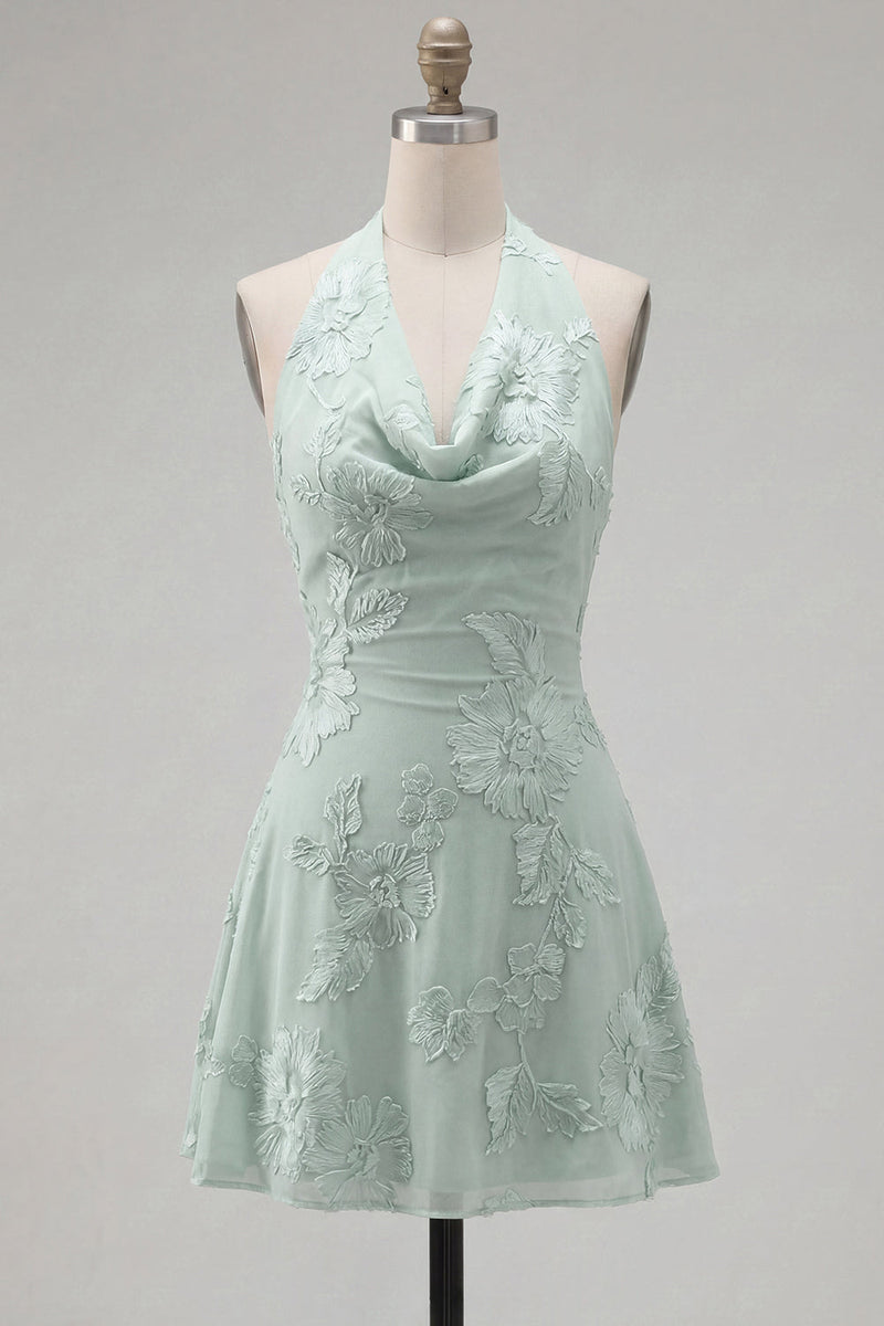 Load image into Gallery viewer, Blue A-Line Floral Halter Short Cocktail Dress with Bow