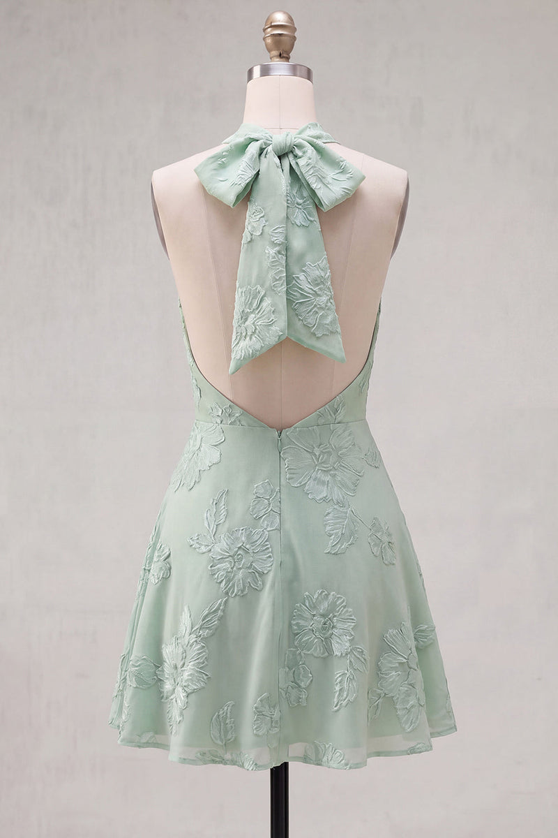 Load image into Gallery viewer, Blue A-Line Floral Halter Short Cocktail Dress with Bow