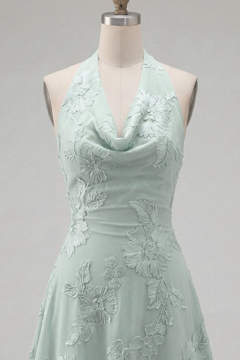 Load image into Gallery viewer, Blue A-Line Floral Halter Short Cocktail Dress with Bow