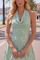 Load image into Gallery viewer, Blue A-Line Floral Halter Short Cocktail Dress with Bow
