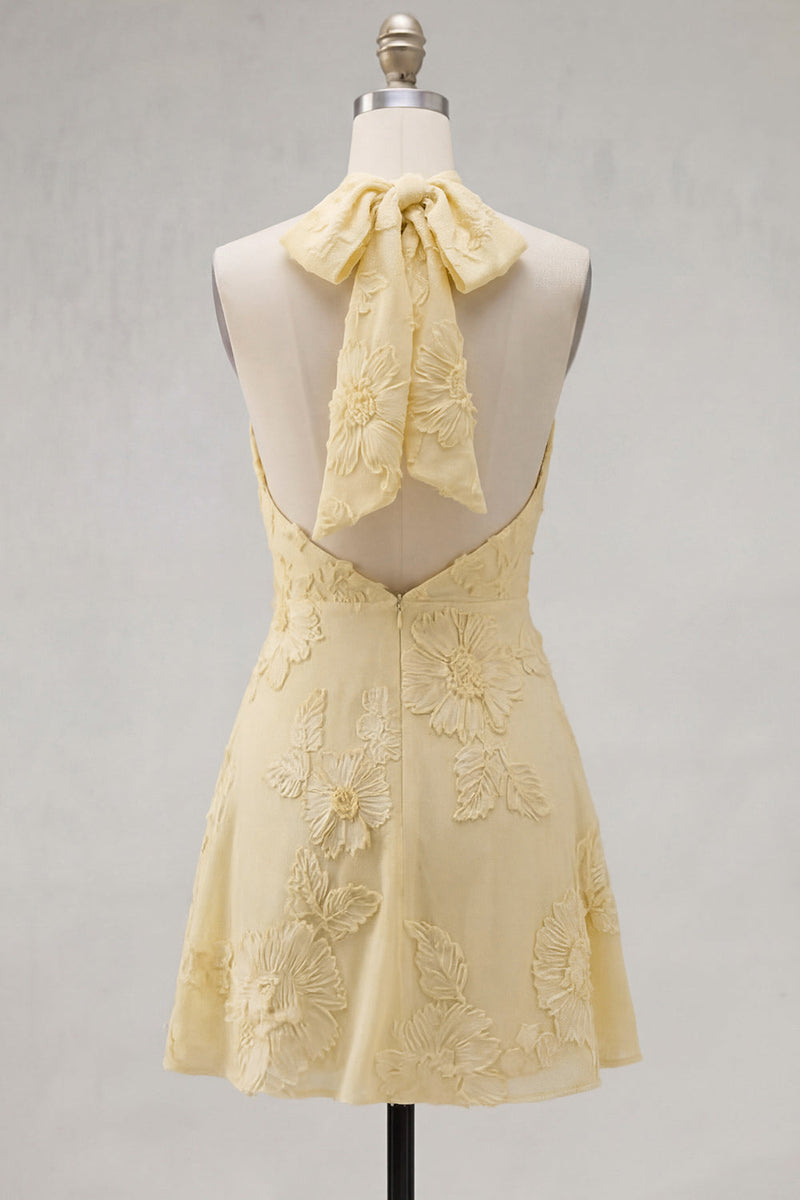 Load image into Gallery viewer, Blue A-Line Floral Halter Short Cocktail Dress with Bow