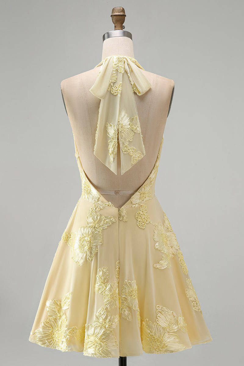 Load image into Gallery viewer, Blue A-Line Floral Halter Short Cocktail Dress with Bow
