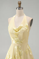 Load image into Gallery viewer, Blue A-Line Floral Halter Short Cocktail Dress with Bow