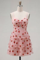 Load image into Gallery viewer, Pink Printed Ruched Tiered A Line Short Cocktail Dress with Keyhole
