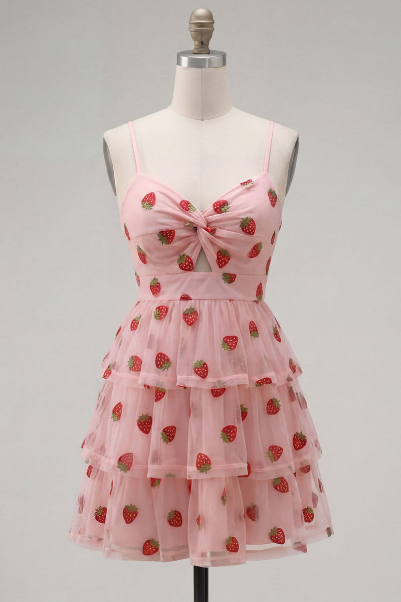 Load image into Gallery viewer, Pink Printed Ruched Tiered A Line Short Cocktail Dress with Keyhole