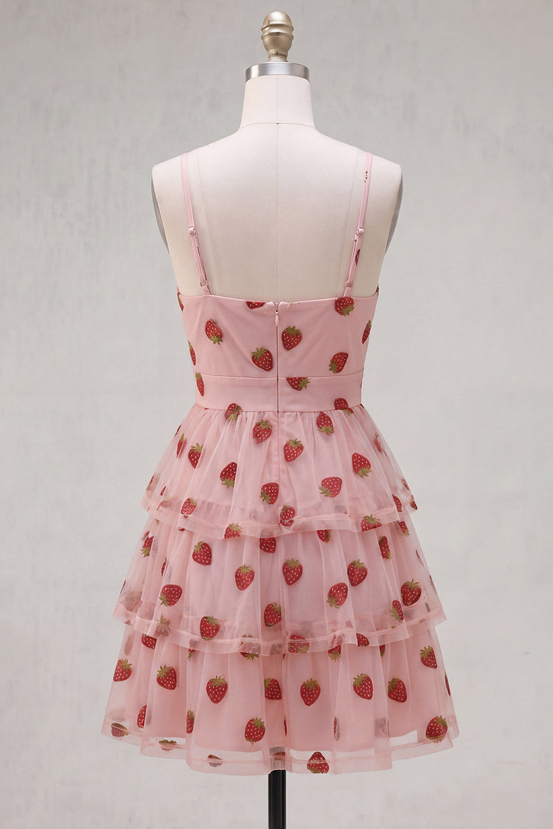 Load image into Gallery viewer, Pink Printed Ruched Tiered A Line Short Cocktail Dress with Keyhole