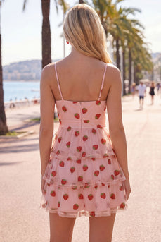 Pink Printed Ruched Tiered A Line Short Cocktail Dress with Keyhole