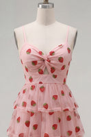 Load image into Gallery viewer, Pink Printed Ruched Tiered A Line Short Cocktail Dress with Keyhole