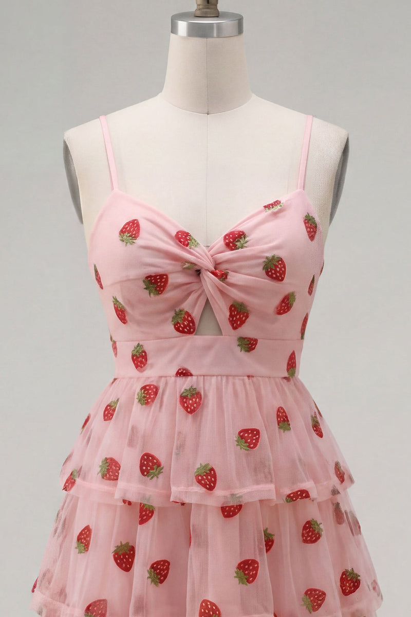 Load image into Gallery viewer, Pink Printed Ruched Tiered A Line Short Cocktail Dress with Keyhole