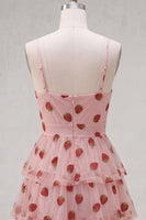 Load image into Gallery viewer, Pink Printed Ruched Tiered A Line Short Cocktail Dress with Keyhole
