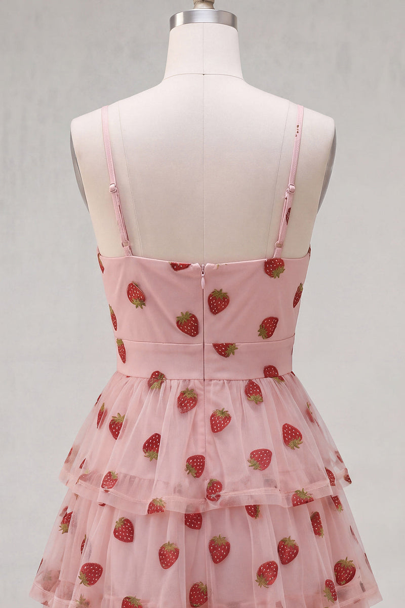 Load image into Gallery viewer, Pink Printed Ruched Tiered A Line Short Cocktail Dress with Keyhole