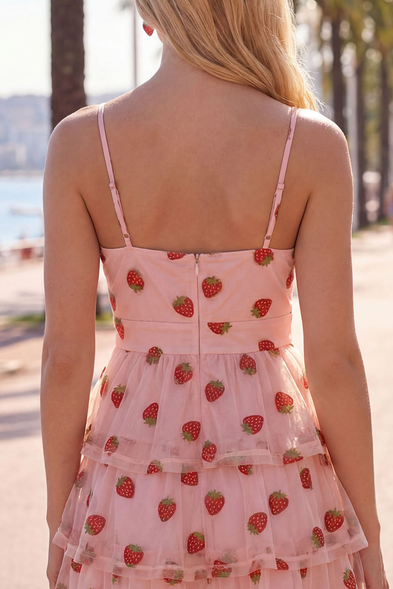 Load image into Gallery viewer, Pink Printed Ruched Tiered A Line Short Cocktail Dress with Keyhole