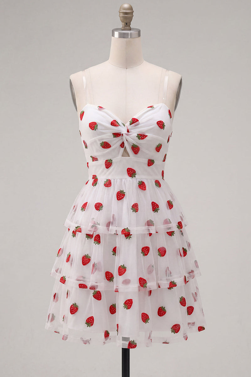 Load image into Gallery viewer, Pink Printed Ruched Tiered A Line Short Cocktail Dress with Keyhole