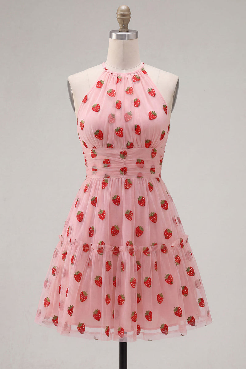 Load image into Gallery viewer, Pink Printed A-Line Tulle Halter Short Cocktail Dress