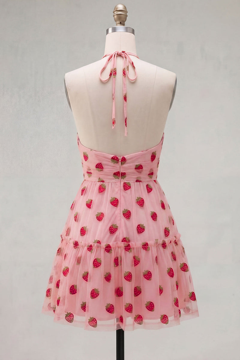 Load image into Gallery viewer, Pink Printed A-Line Tulle Halter Short Cocktail Dress