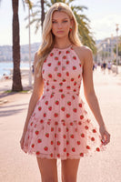 Load image into Gallery viewer, Pink Printed A-Line Tulle Halter Short Cocktail Dress