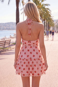 Pink Printed A-Line Tulle Halter Short Cocktail Dress