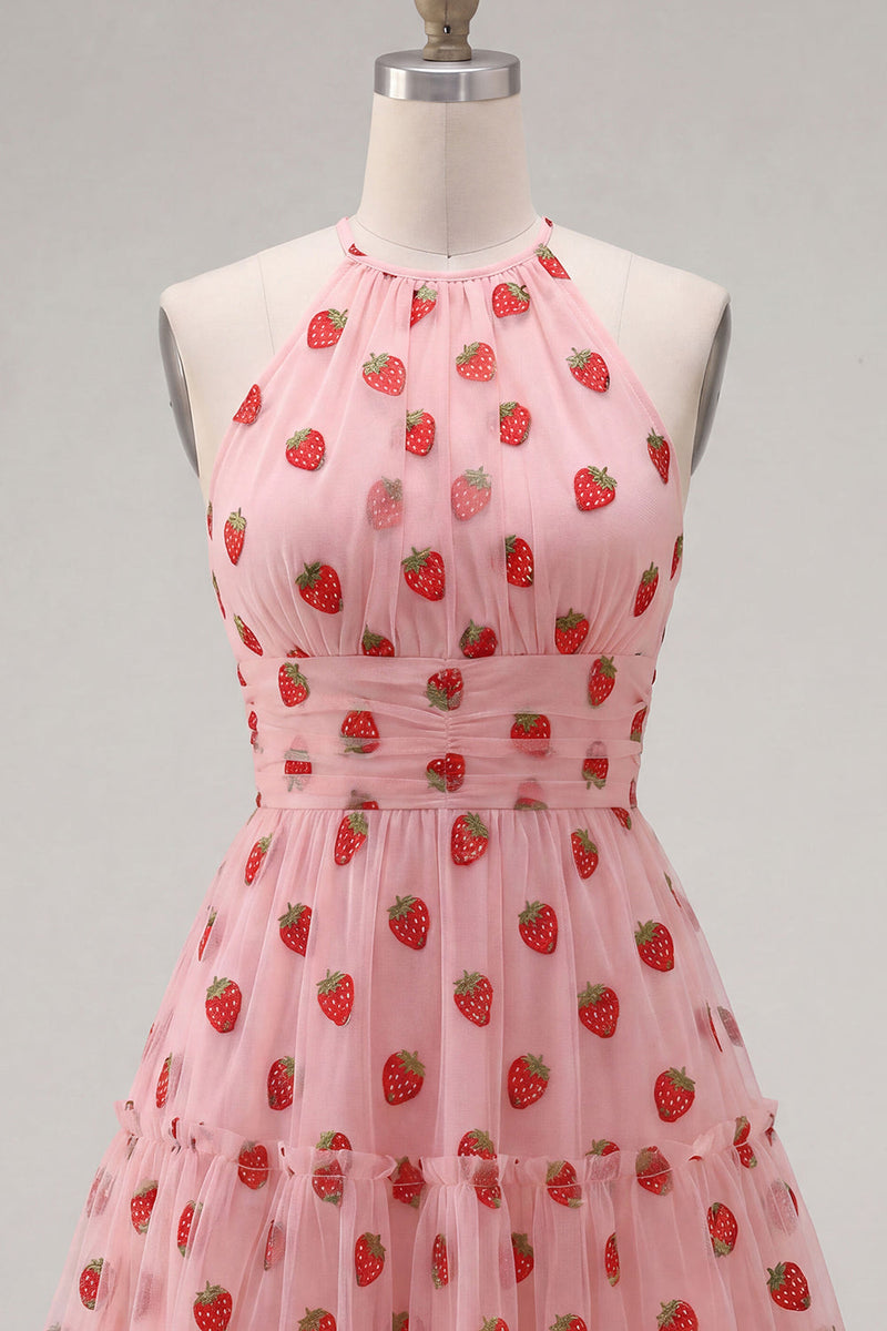 Load image into Gallery viewer, Pink Printed A-Line Tulle Halter Short Cocktail Dress