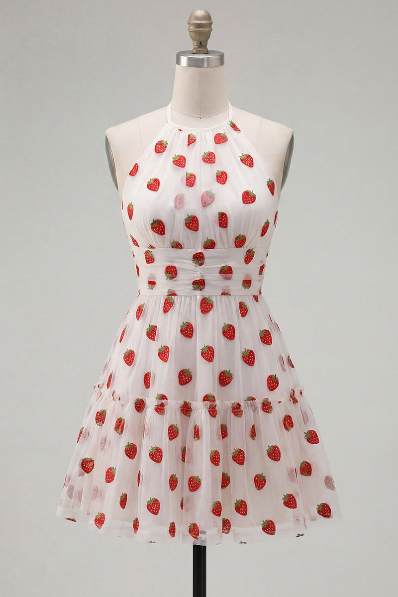 Load image into Gallery viewer, Pink Printed A-Line Tulle Halter Short Cocktail Dress