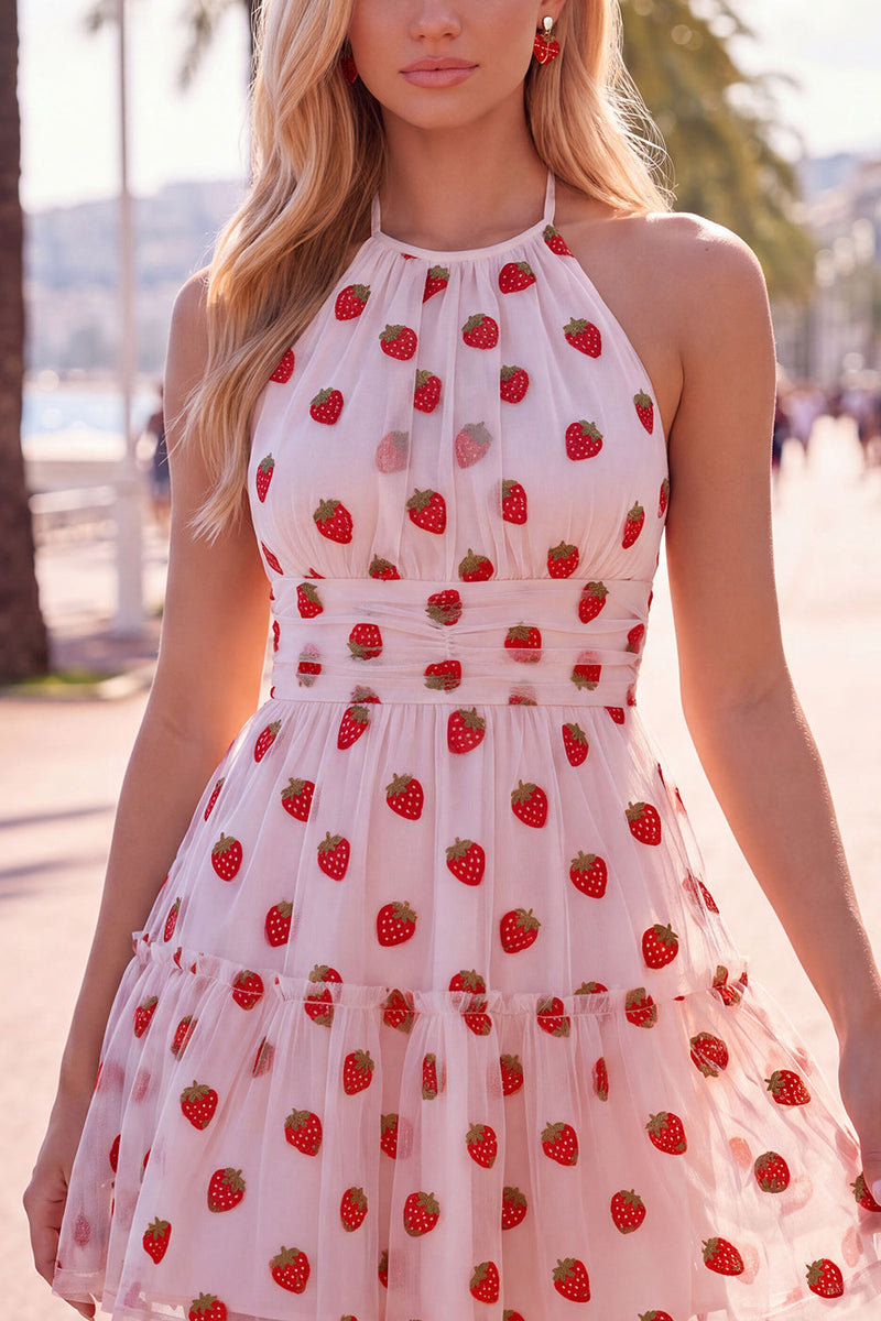 Load image into Gallery viewer, Pink Printed A-Line Tulle Halter Short Cocktail Dress