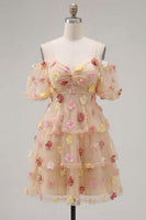 Load image into Gallery viewer, Champagne A-Line Puff Sleeves Short Cocktail Dress with 3D Flowers