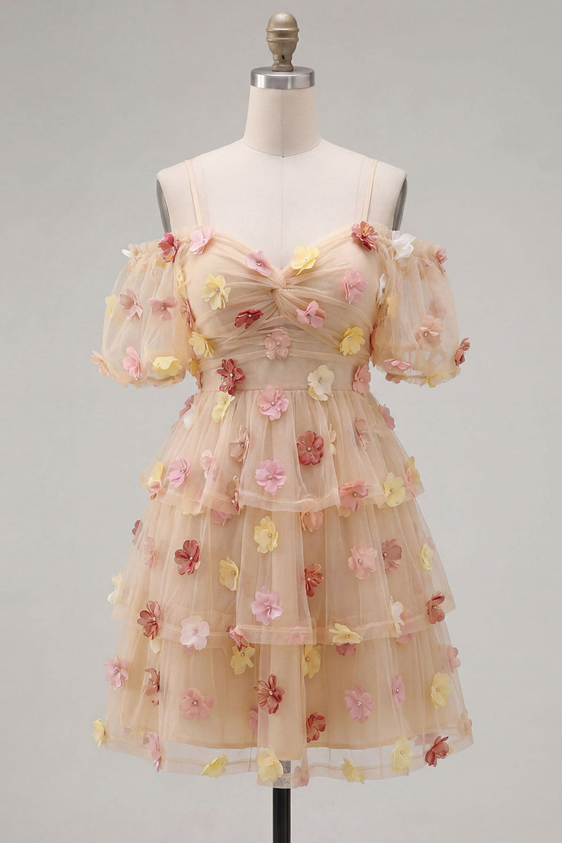 Load image into Gallery viewer, Champagne A-Line Puff Sleeves Short Cocktail Dress with 3D Flowers